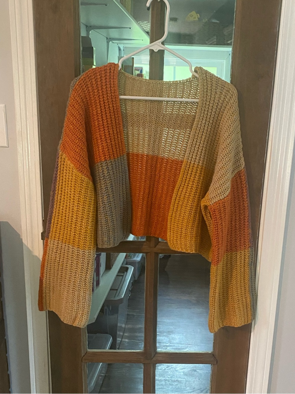 Colorblock Knit Open-Front Women's Sweater - Orange & Yellow